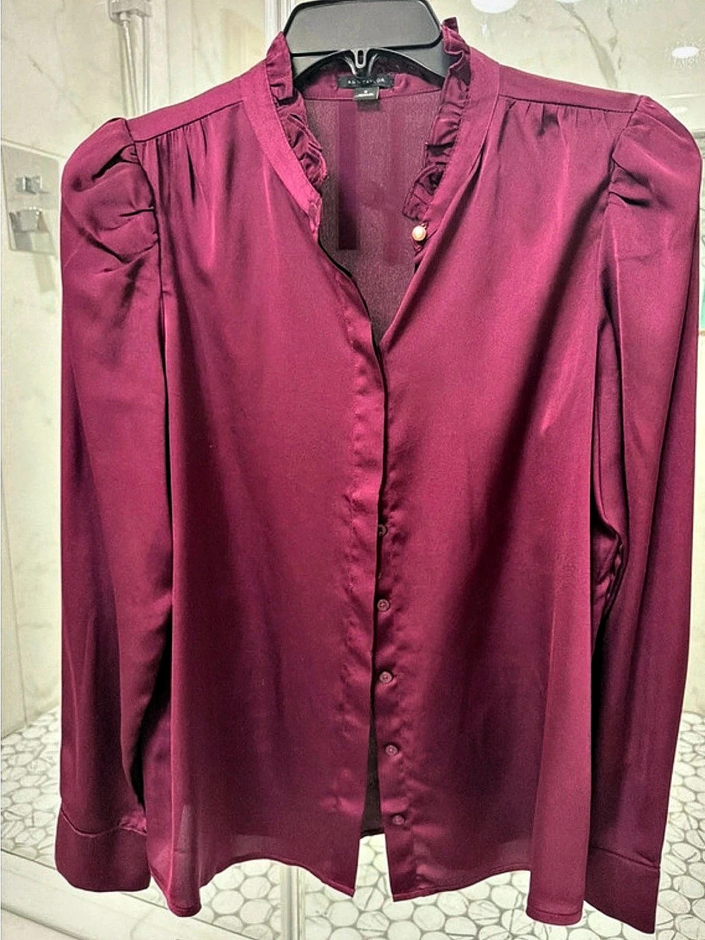 Ann Taylor Ruffle Collar Satin Button Down Blouse Purple